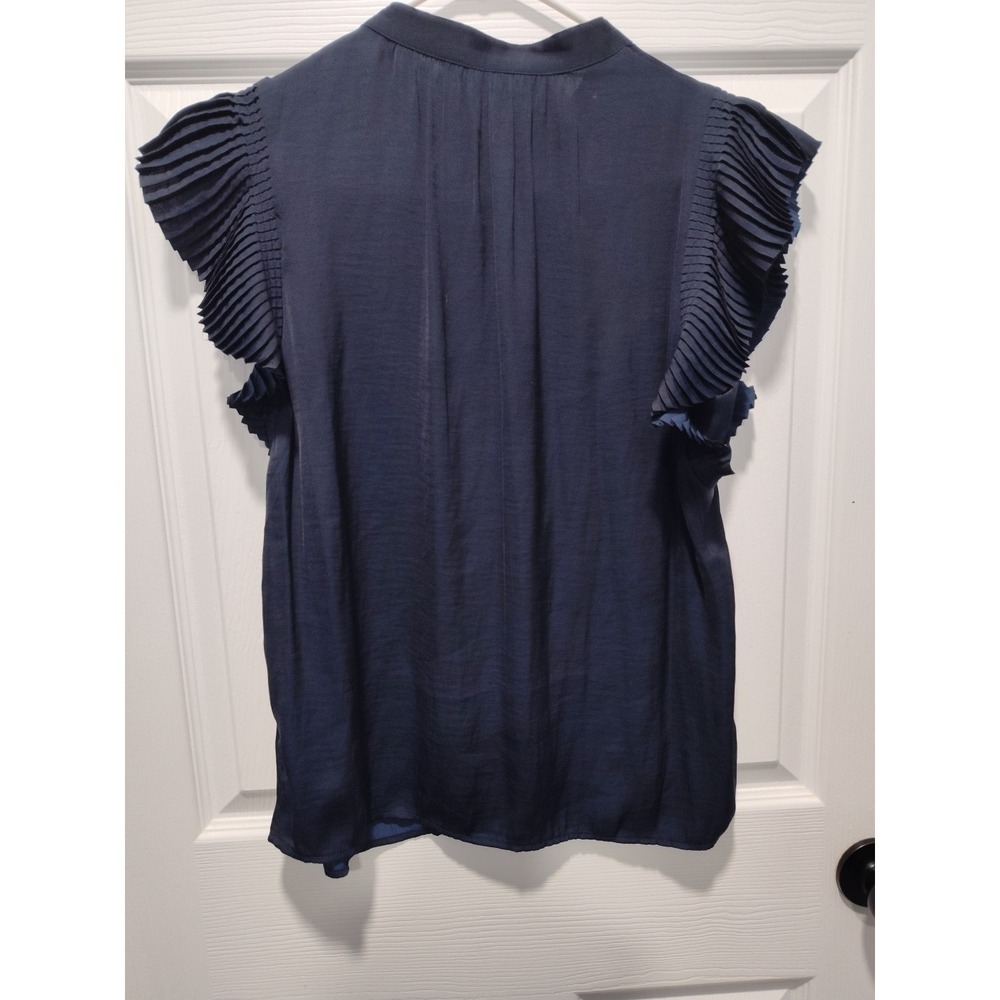 Banana Republic Women's Flutter Sleeve Blouse Ruffles Navy Blue V-Neck tie Small - Picture 2 of 7